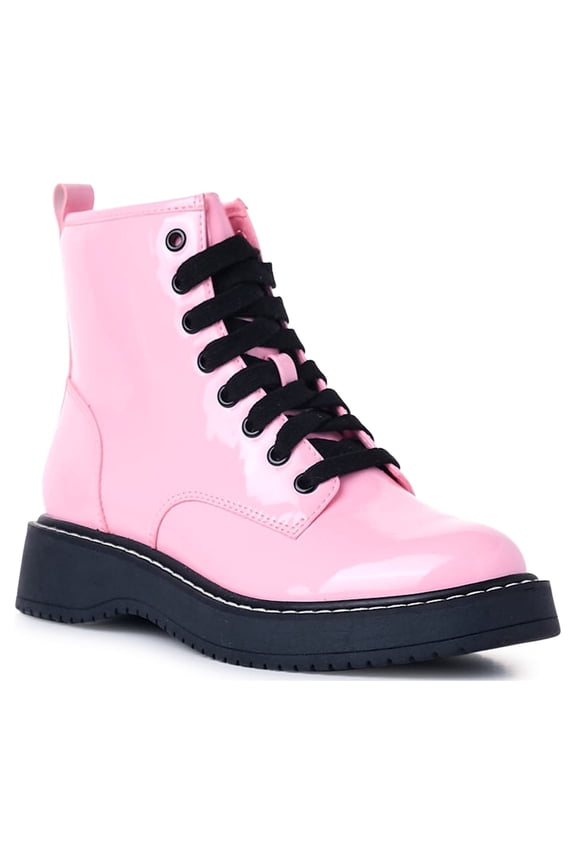 Women's Lace Up Moto Ankle BootS, Patent, Pink, Size 8