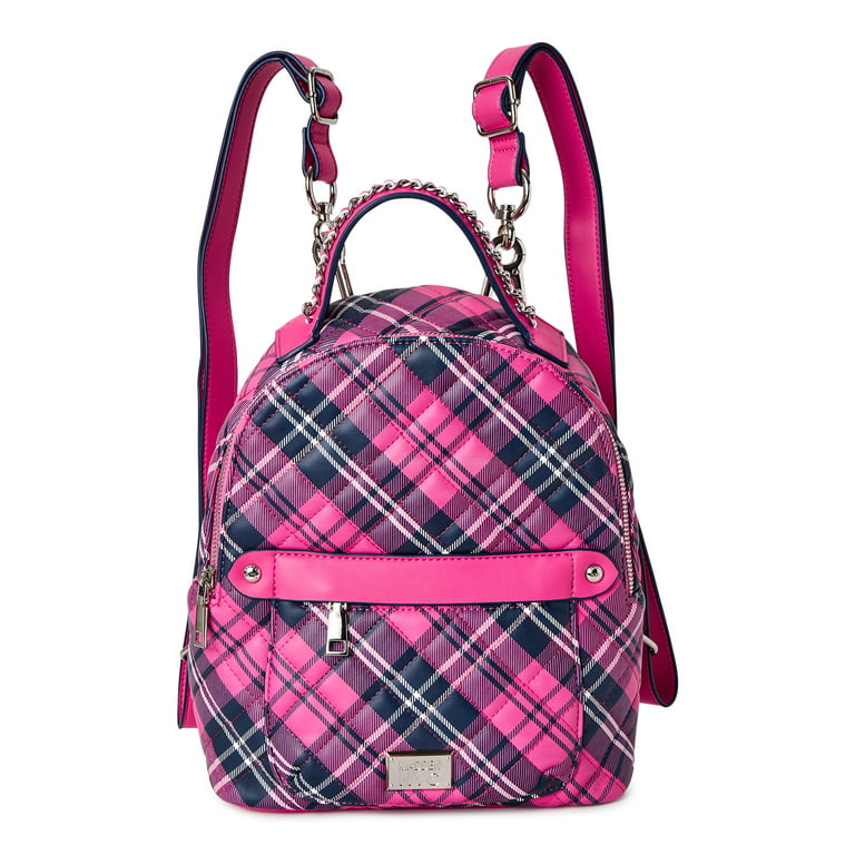 Madden NYC Women's Mini Quilted Zip Backpack Pink Plaid 