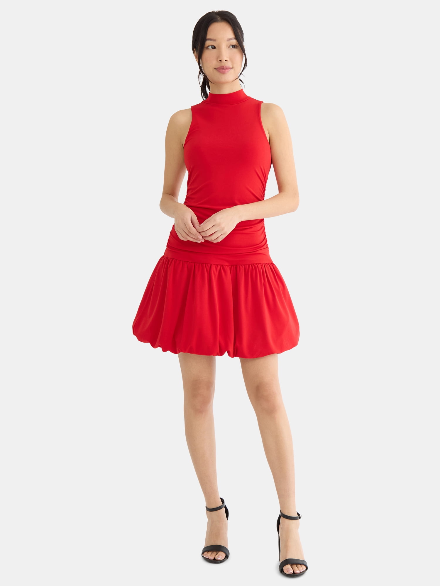 Madden NYC Women's Mock Neck Bubble Dress - Ruched Sleeveless Semi-Fitted  Chic Vibes - Walmart.com