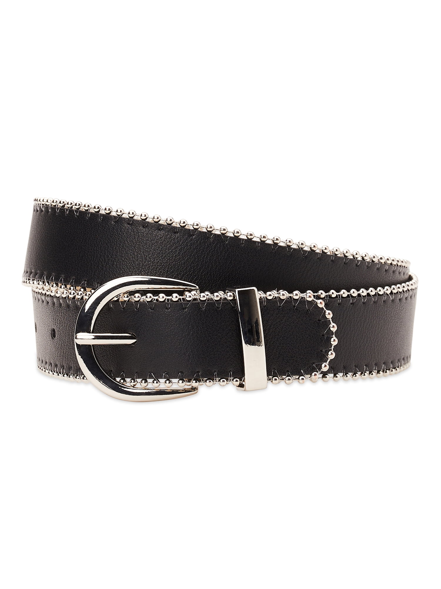 Madden NYC Women's PU Belt with Ball Chain Edge, Black