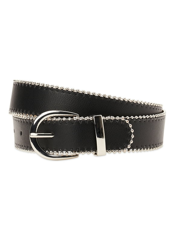 Women's PU Belt with Ball Chain Edge, Black