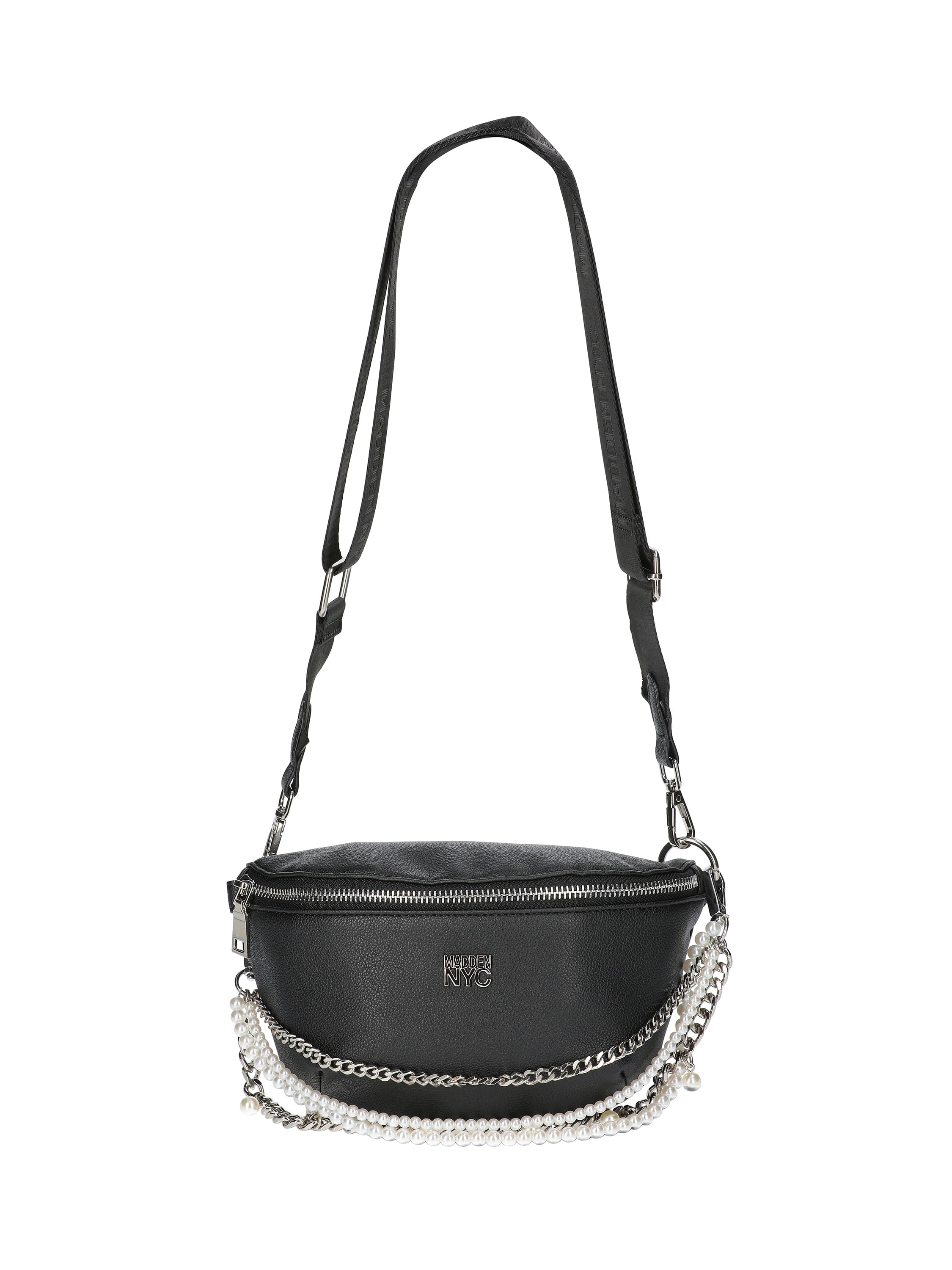 Madden NYC Women's Faux Pearl and Chain Fannypack, Black