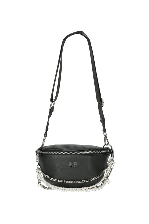 Women's Faux Pearl and Chain Fannypack, Black