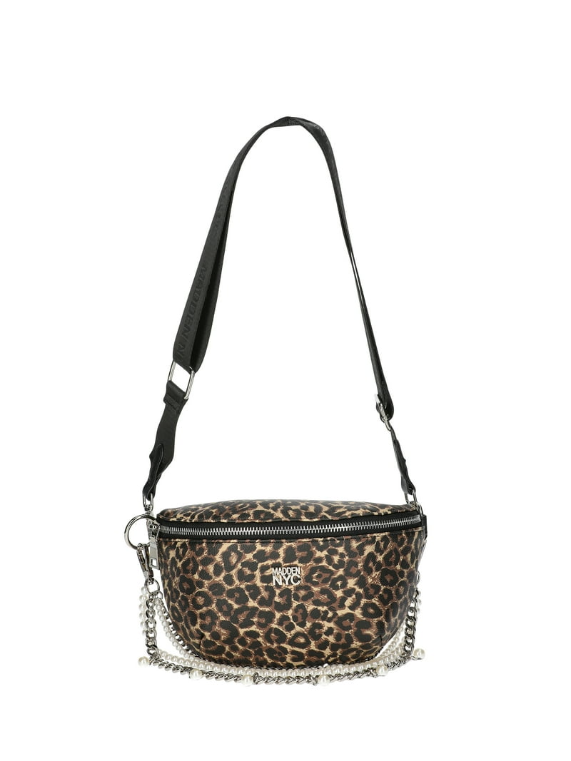 Madden NYC Women's Faux Pearl and Chain Fannypack, Cheetah