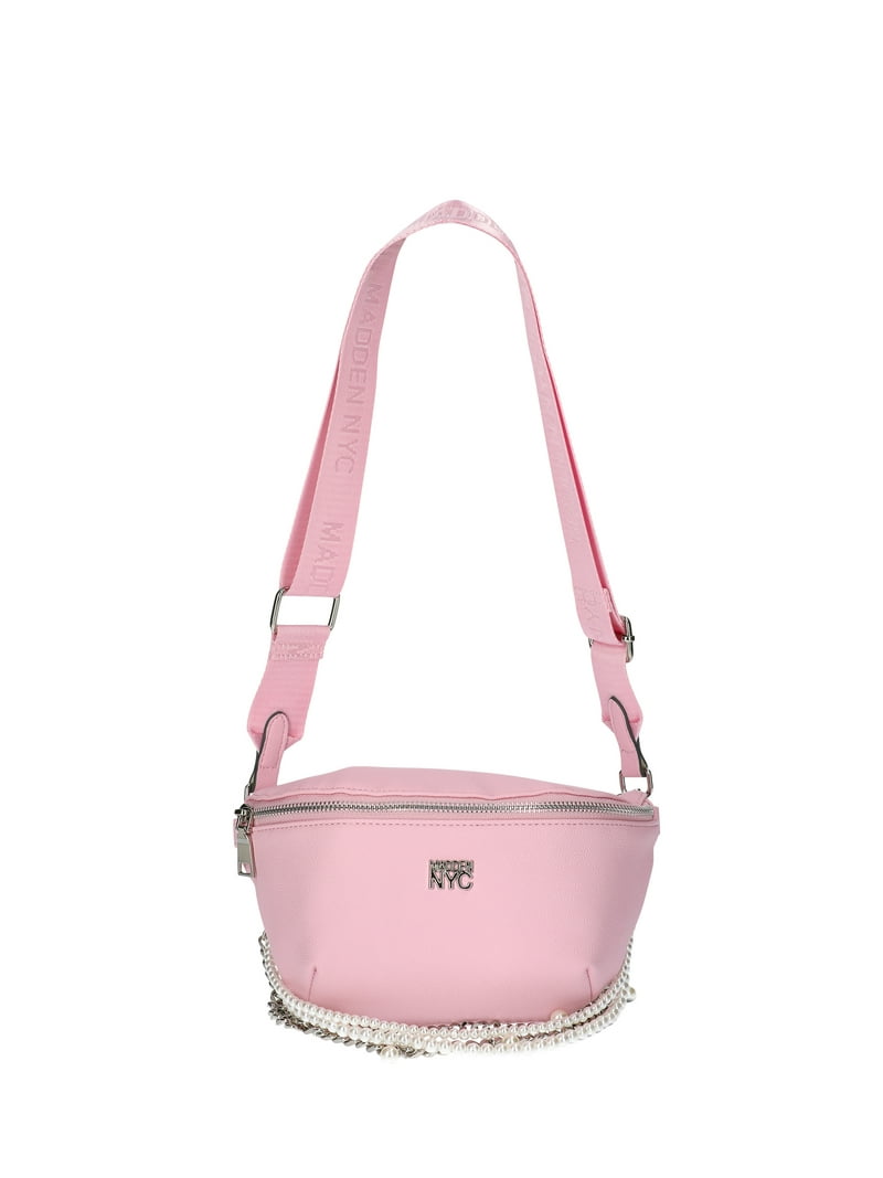 Madden NYC Women's Faux Pearl and Chain Fannypack, Pink