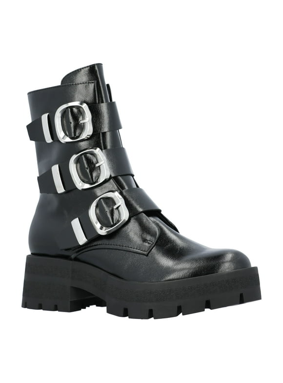 Women's Faux Leather Buckle Combat Boots