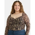 thumbnail image 1 of Madden NYC Women’s Plus Gathered Printed Bustier with Mesh Long Sleeves, Sizes 1X-4X, 1 of 5