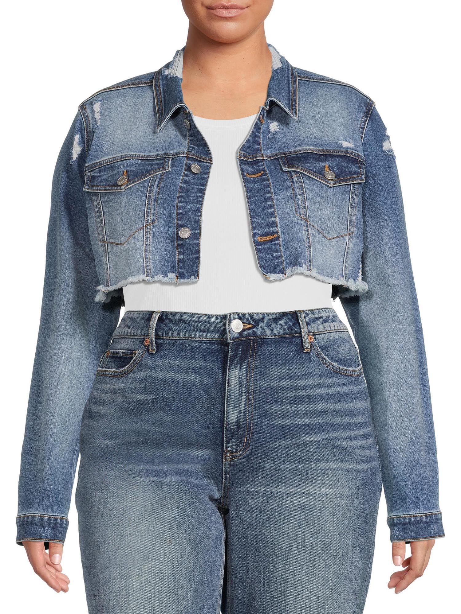 Madden NYC Women's Plus Size Cropped Denim Jacket