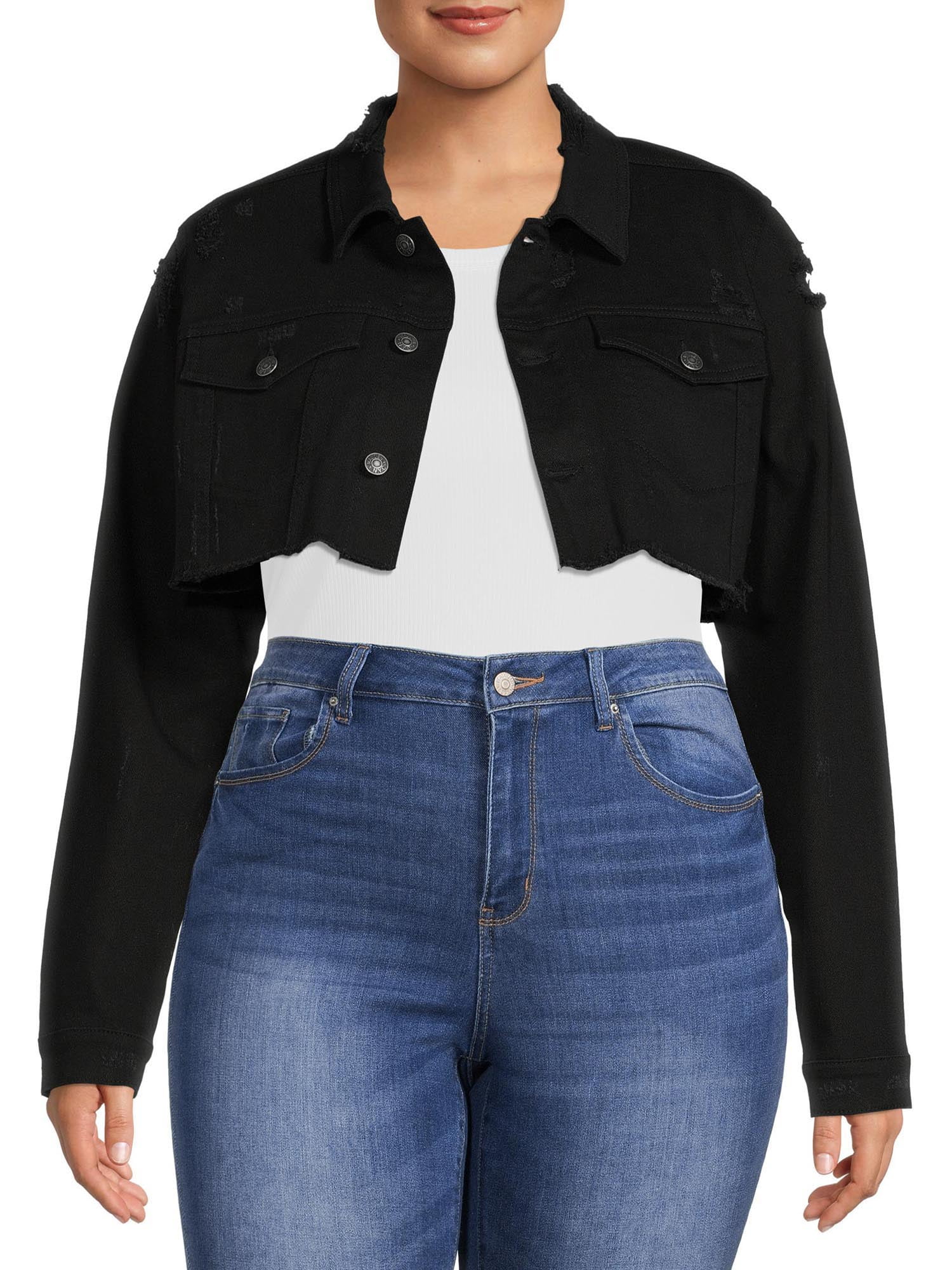 Madden NYC Women's Plus Size Cropped Denim Jacket