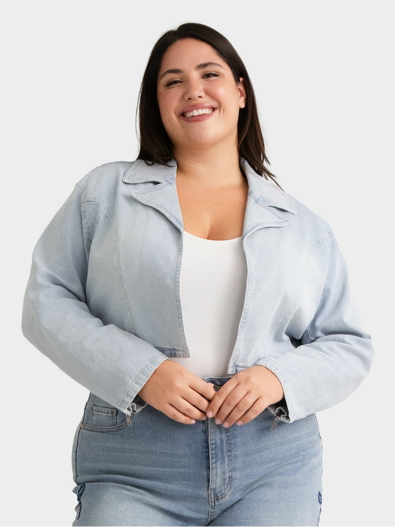 Madden NYC Women's Plus Size Cropped Denim Moto Jacket