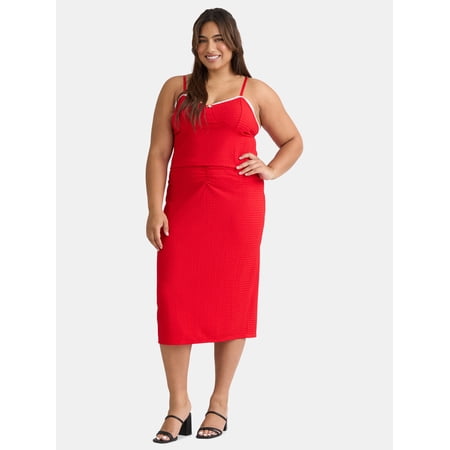 Madden NYC Women’s Plus Textured Rosette Top and Ruched Midi Skirt Set, 2-Piece, Sizes 1X-4X