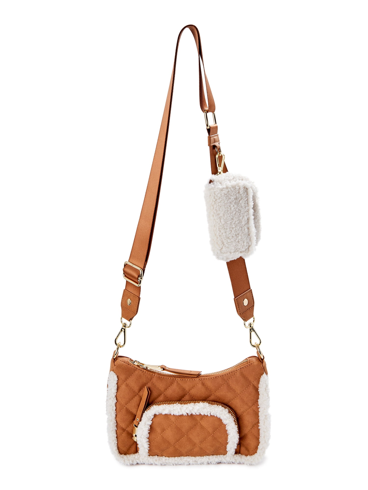 Madden NYC Women's Quilted Crossbody Bag with Faux Sherpa Pouch 
