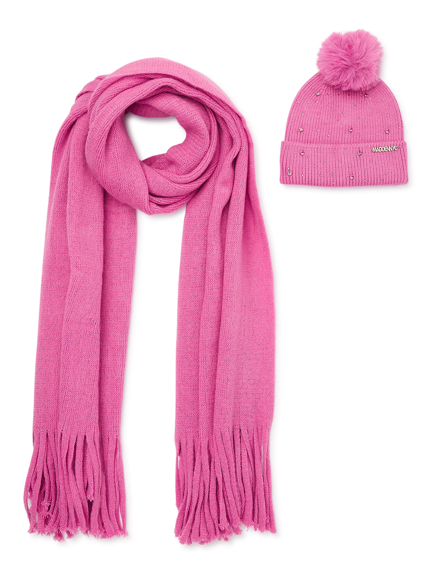 Madden NYC Women's Rhinestone Beanie and Scarf Gift Set, 2 Piece, Pink