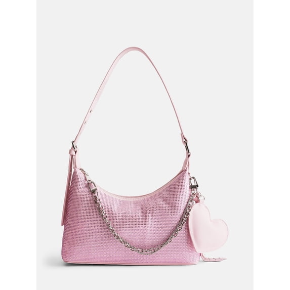 Madden NYC Women's Rhinestone Shoulder Bag with Heart Charm, Pink