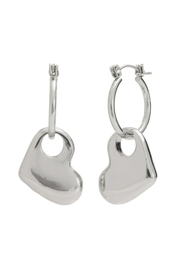 Women's Rhodium Heart Charm Huggie Earrings