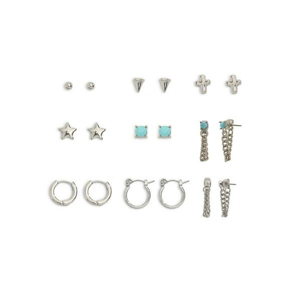 Madden NYC Women's Rhodium Western Mixed Stud & Hoop 9-Piece Earring Set