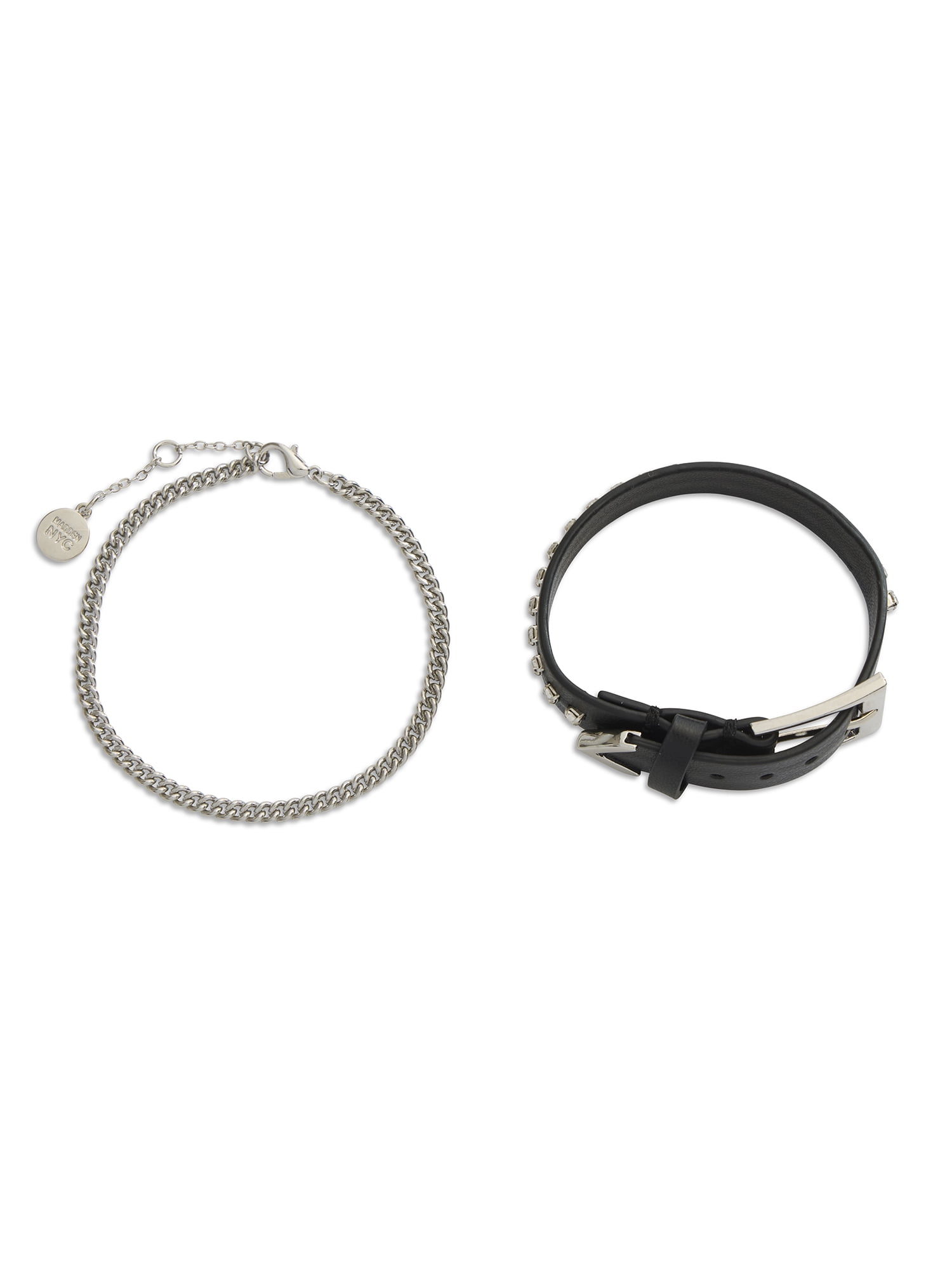 Madden NYC Women's Rhodium Western Rhinestone Leather Bracelet 2-Piece Set