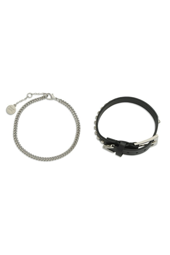 Women's Rhodium Western Rhinestone Leather Bracelet 2-Piece Set