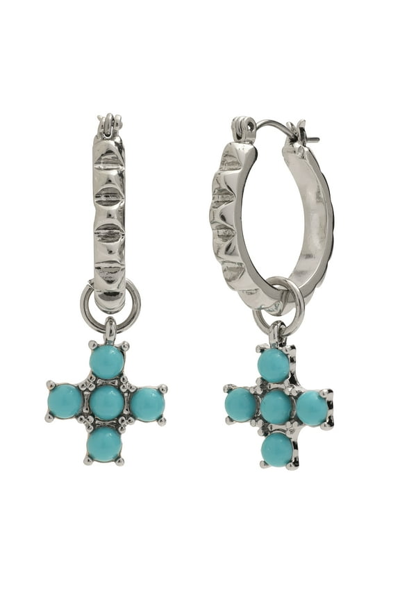 Women's Rhodium Western Stone Charm Studded Hoop Earrings