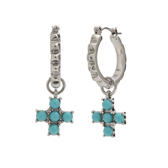 Madden NYC Women's Rhodium Western Stone Charm Studded Hoop Earrings