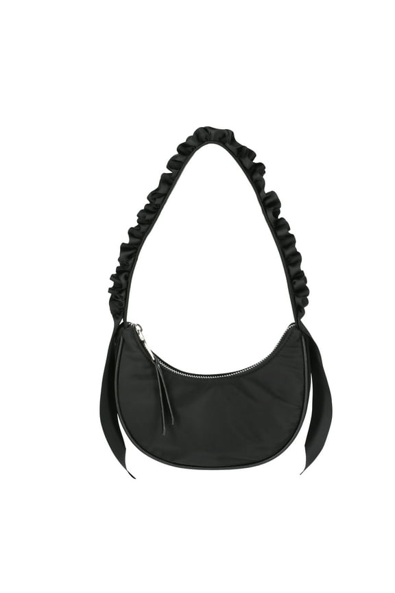 Women's Ruffled Ribbon Half Moon Nylon Handbag, Black