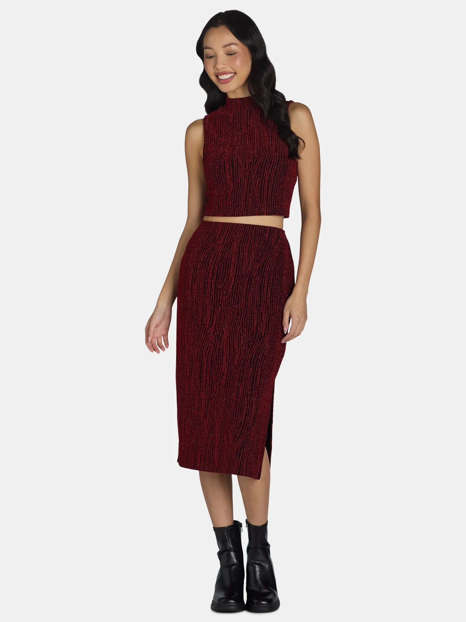 Madden NYC Women’s Shimmering Mock Neck Top and Skirt Set, 2-Piece, Sizes XXS-XXL