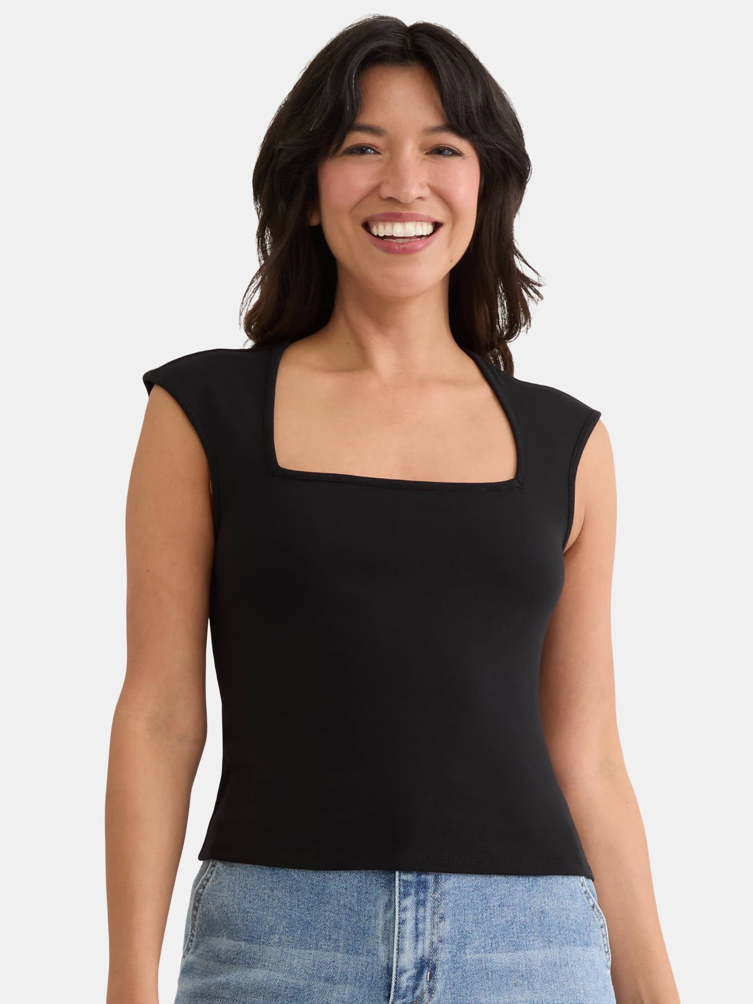 トップス AND MARY Mew fill tops Madden NYC Women's Square Neck Top with Cap Sleeves, Sizes