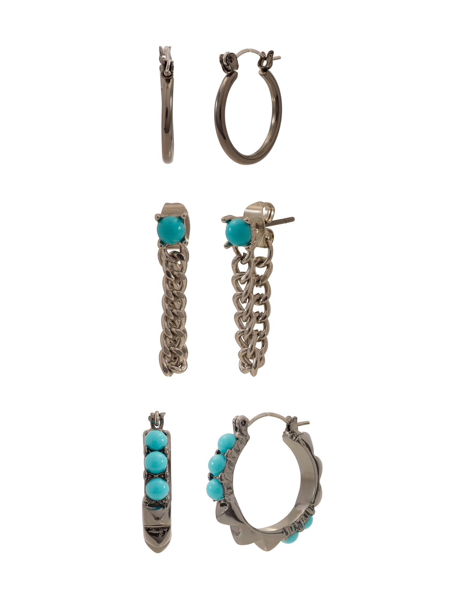 Madden NYC Women's Turquoise Western Mixed Swag Chain & Hoop 3-Piece Earring Set