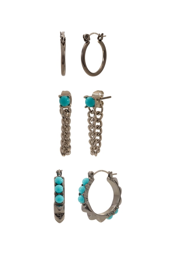 Women's Turquoise Western Mixed Swag Chain & Hoop 3-Piece Earring Set
