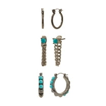 Madden NYC Women's Turquoise Western Mixed Swag Chain & Hoop 3-Piece Earring Set