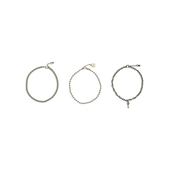 Madden NYC Women's Two Tone Mixed Chain Key Charm Anklet 3-Piece Set