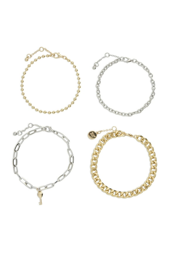 Women's Two Tone Mixed Chain Key Charm Bracelet 4-Piece Set