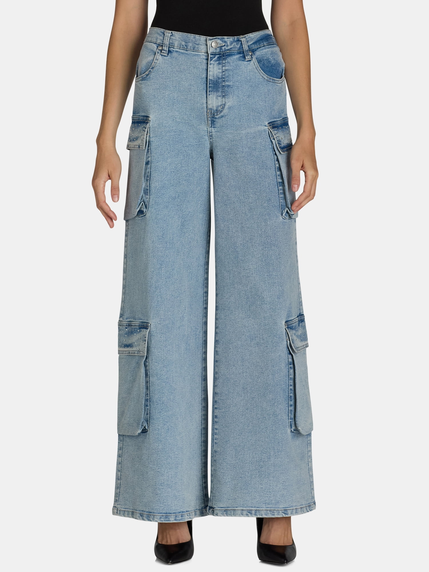 Madden NYC Women's Wide Leg Cargo Jeans with Rhinestone Madden NYC Women's Wide Leg Cargo Jeans with Rhinestone