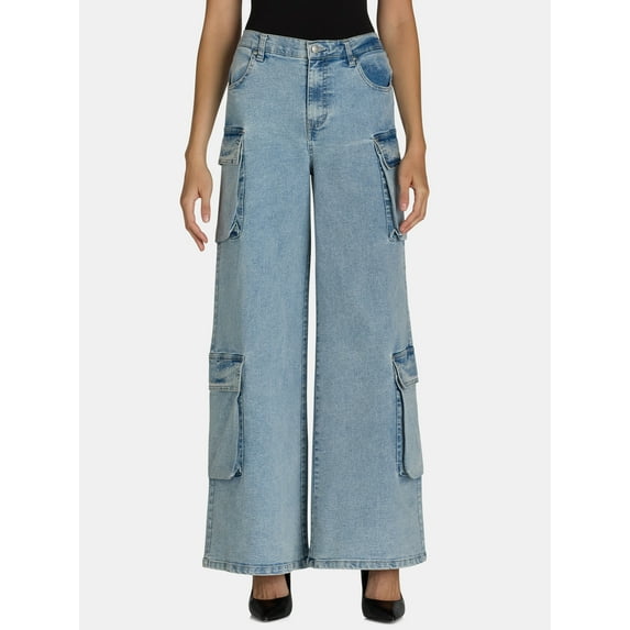 Madden NYC Women’s Wide Leg Cargo Jeans with Rhinestone Accents, 32” Inseam, Sizes XXS-XXL