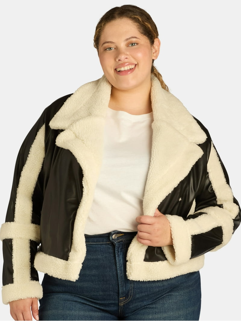 ❀ＮＹ❀ Madden NYC Women's and Women's Plus Faux Shearling Moto Jacket