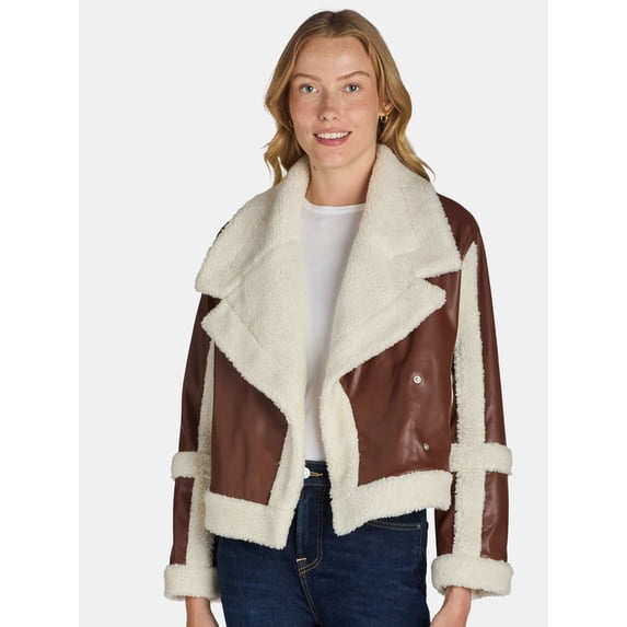 Madden NYC Women's and Women's Plus Faux Shearling Moto Jacket