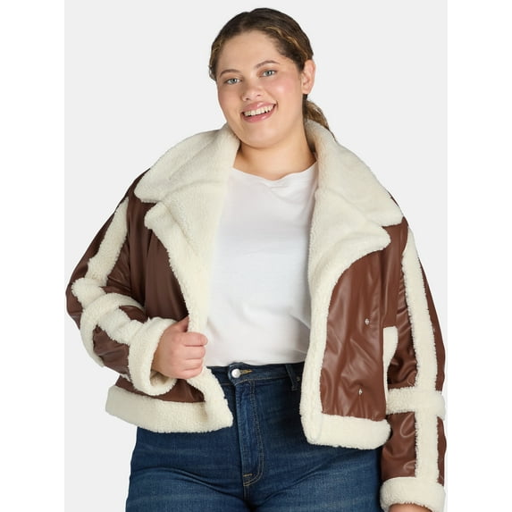 Madden NYC Women's and Women's Plus Faux Shearling Moto Jacket