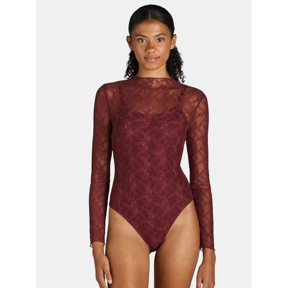 Madden NYC Women's and Women's Plus Lace Bodysuit with Long Sleeves, Sizes XS-4X