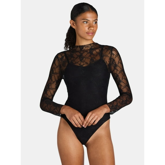 Madden NYC Women's and Women's Plus Lace Bodysuit with Long Sleeves, Sizes XS-4X