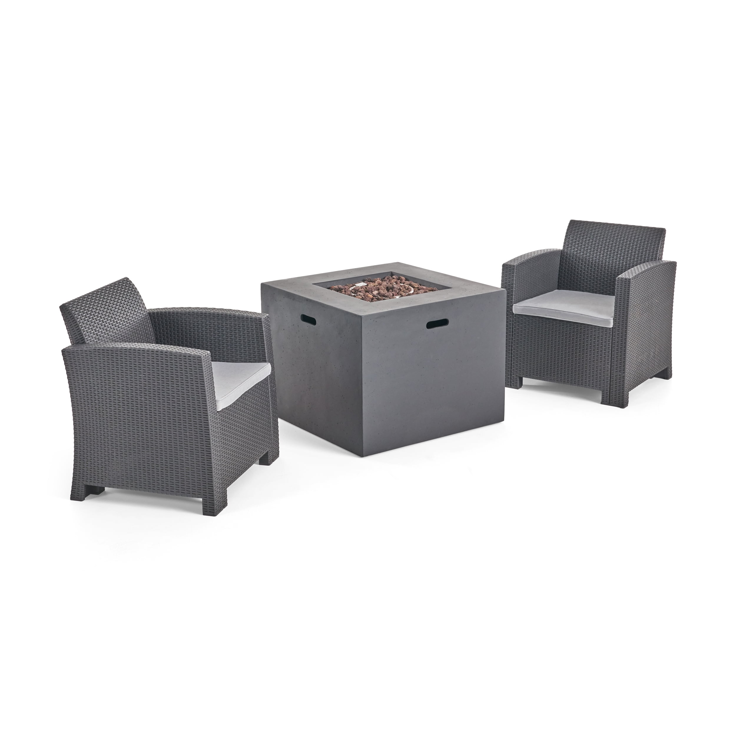Madden Outdoor 3 Piece Wicker Print Club Chair Chat Set with Propane Fire Pit Charcoal Light Gray Dark Gray Walmart