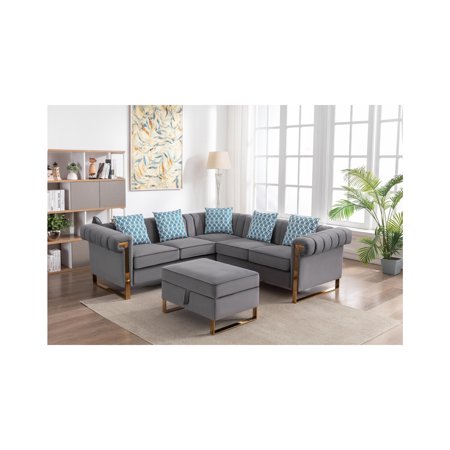 Lilola Home Maddie Velvet 5-Seater Sectional Sofa with Storage Ottoman-Color:Gray,No of Seats:5-Seater