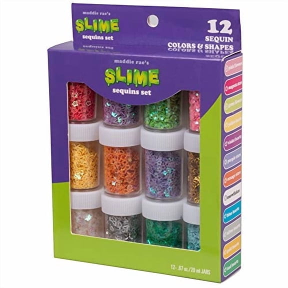 Maddie Rae's Sequins, Set of 12 (20g ea) Assorted Jars w Iridescent Colors & Shapes- Hearts, Stars, Flowers & Snowflakes - Supplies, Mini Decorations for Resin, Clothes, & Scrapbooking