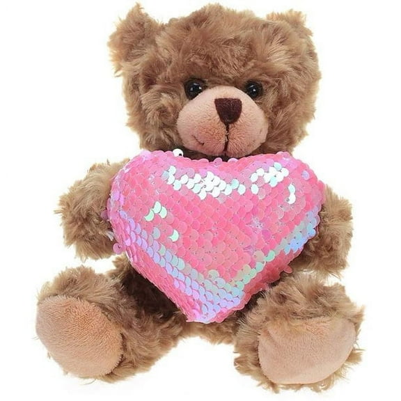 Made by Aliens Stuffed Mocha Heart Bear - Plush Bear Toy for Kids & Adults - Embroidered Heart Pillow - Brown-6 inches (Pink Heart)