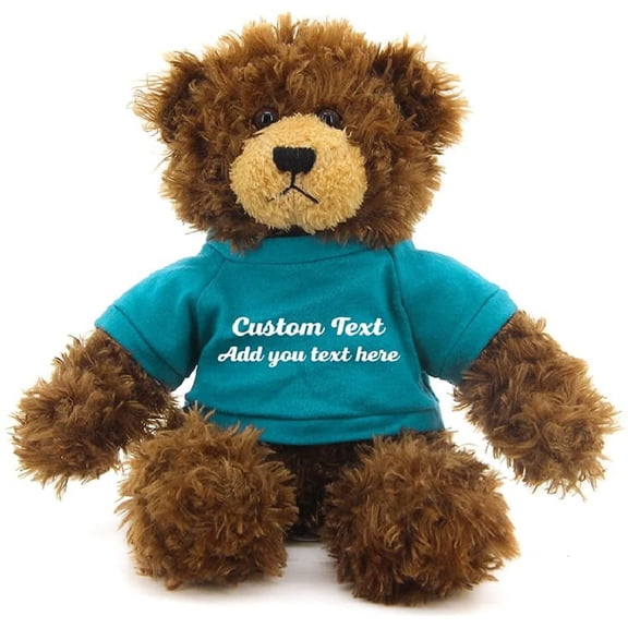 Made by Aliens Customized Chocolate Brandon Bear - 12 inch Personalized Stuffed Bear Plush Toy - Perfect Custom Shirt Bear Gift for Graduation Valentines Graduation Easter Holidays (Teal Shirt)