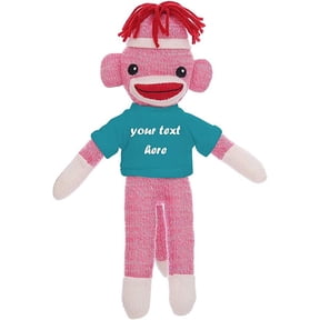 Made By Aliens Huggable Pink Sock Monkey 8 Inch, Plush Stuffed Animal Personalized Gift-Custom Text on Shirt-Perfect for Halloween Day, Valentine's Day, Graduation Day, or Birthday Present