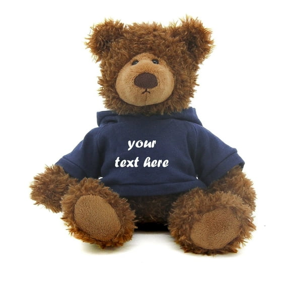 Made by Aliens Brown Frankie Bear 12 Inches, Stuffed Animal Personalized Gift - Great Present for Mothers Day Valentine Day Graduation Day Birthday Christmas - Custom Text on Hoodie (Navy-Blue)