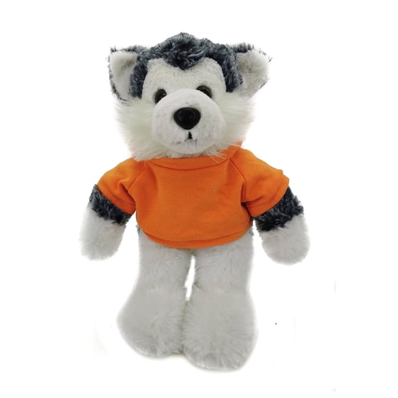 Made by Aliens 8 inches Floppy Husky Plush Stuffed Animal Personalized Gift - Custom Text on Shirt - Great Present for Mothers Day, Valentine Day, Graduation Day, Birthday (Orange)