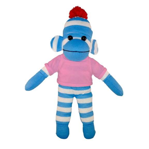 Made by Aliens 10 Inch Floppy Blue Sock Monkey with Tee Plush Stuffed Animal Personalized Gift - Custom Text on Shirt - Great Present for Mothers Day, Valentine Day, Graduation Day, Birthday (Pink)