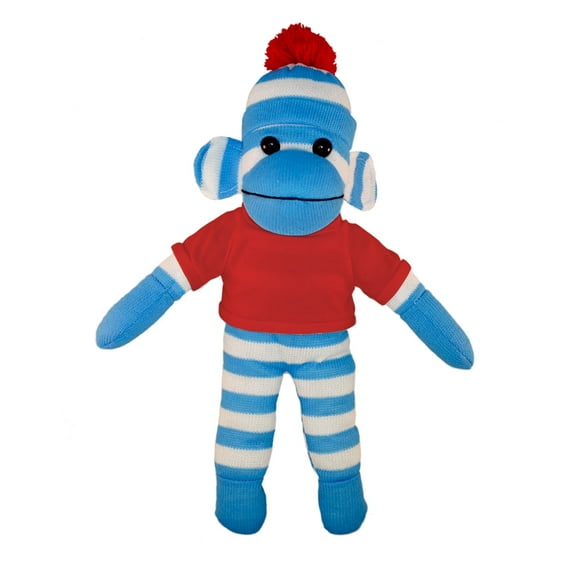 Made by Aliens 10 Inch Floppy Blue Sock Monkey with Tee Plush Stuffed Animal Personalized Gift - Custom Text on Shirt - Great Present for Mothers Day, Valentine Day, Graduation Day, Birthday (Red)