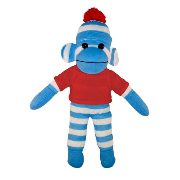 Made by Aliens 10 Inch Floppy Blue Sock Monkey with Tee Plush Stuffed Animal Personalized Gift - Custom Text on Shirt - Great Present for Mothers Day, Valentine Day, Graduation Day, Birthday (Red)